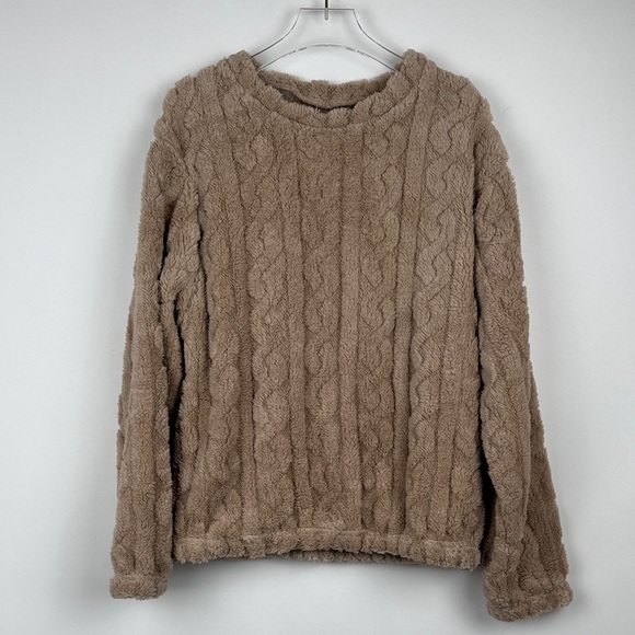 Women’s Cable Knit Fluffy Fleece Pullover Pajama Lounge Set Tan Size Medium NWOT - Picture 1 of 8